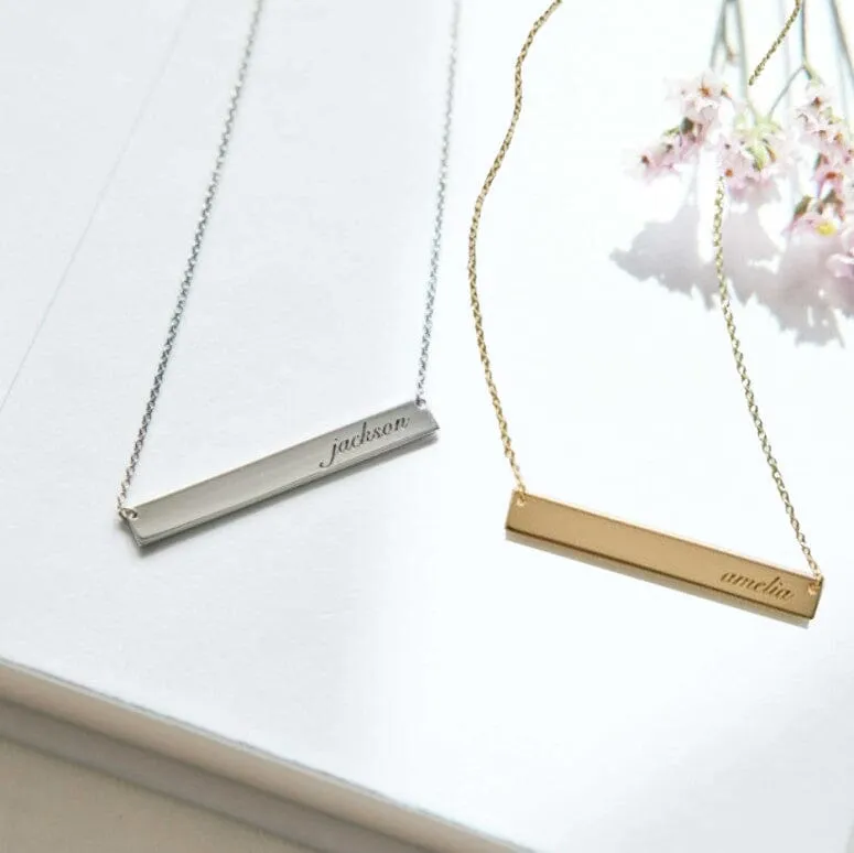 14k Gold Script Skinny Bar Necklace