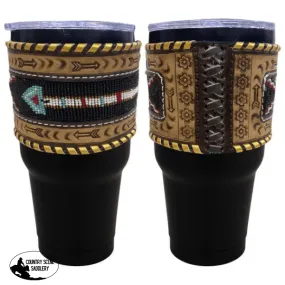 30 oz Insulated Black Tumbler with Argentina Cow Leather Beaded Arrow Sleeve.