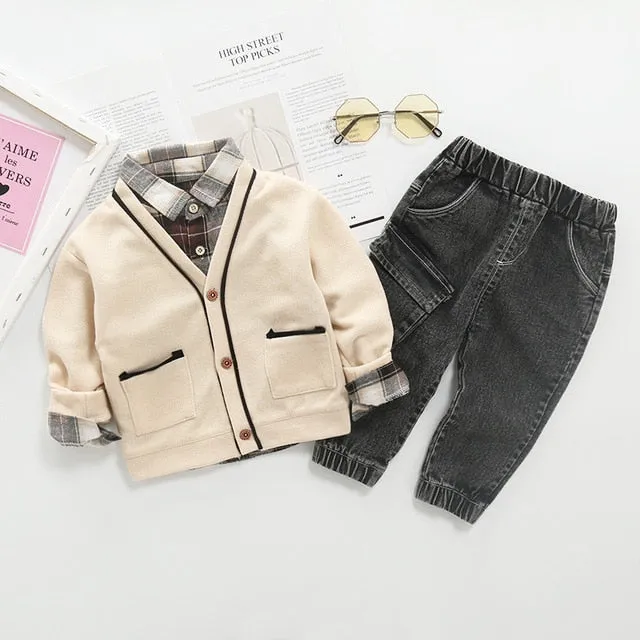 Baby Boy Cardigan Sweater Fall Outfit with Shirt and Pants Set