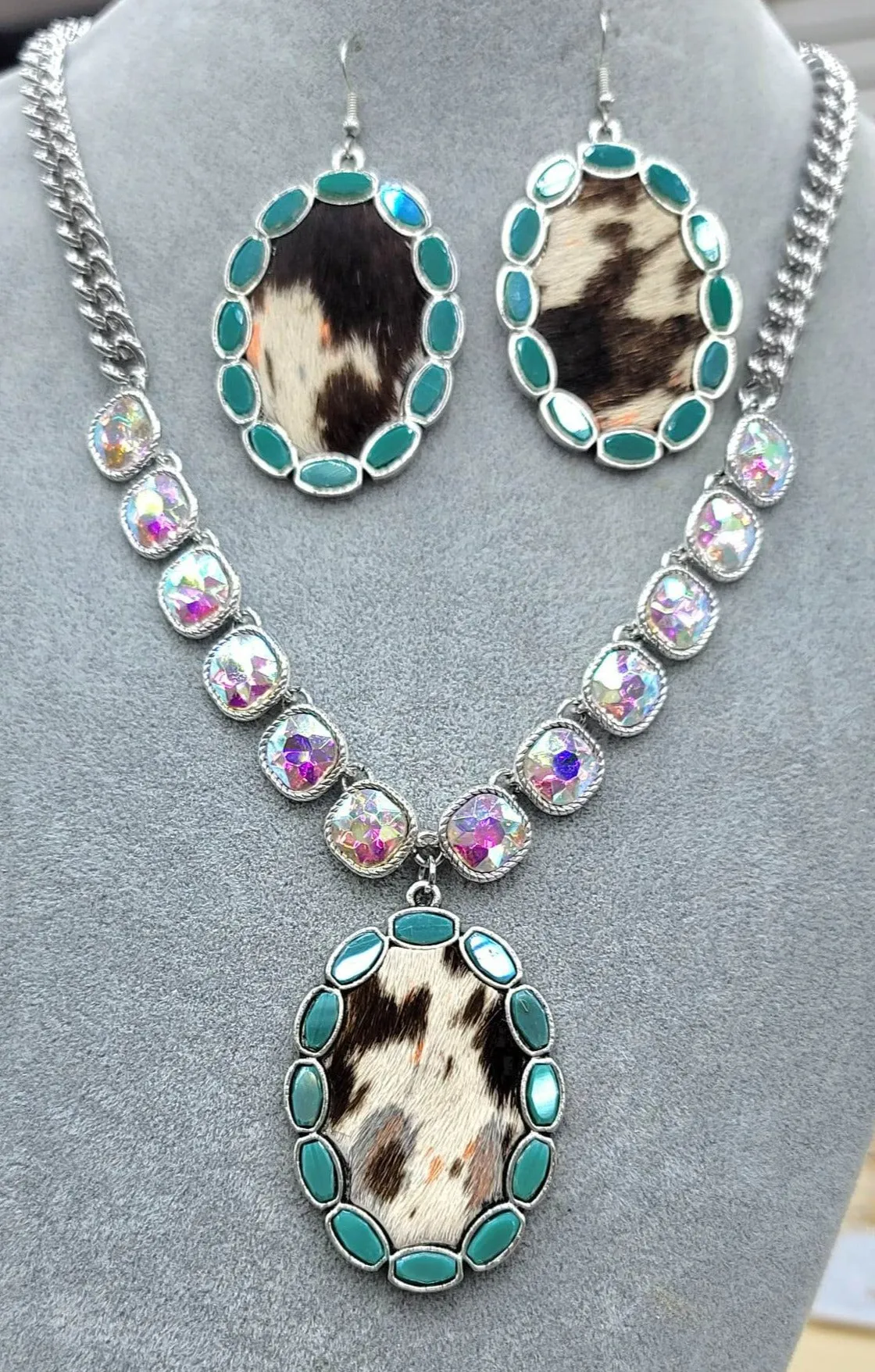 Bling Necklace with Cow & Turquoise oval pendant [earrings sold separately]