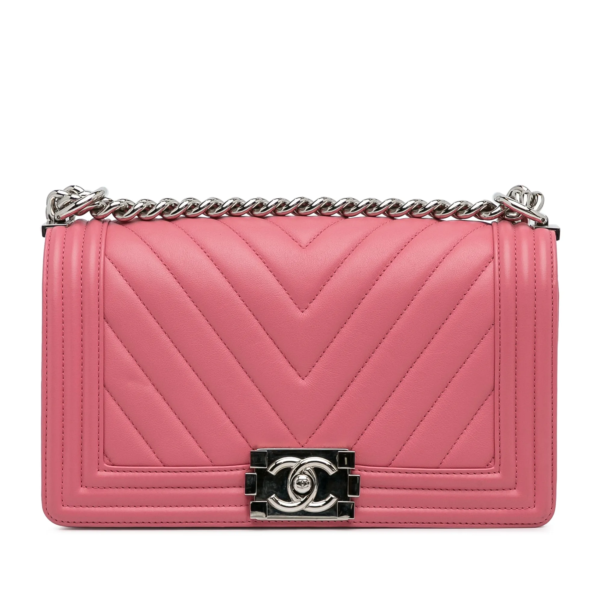 Chanel Boy Flap Medium Pink Chevron Lambskin Silver