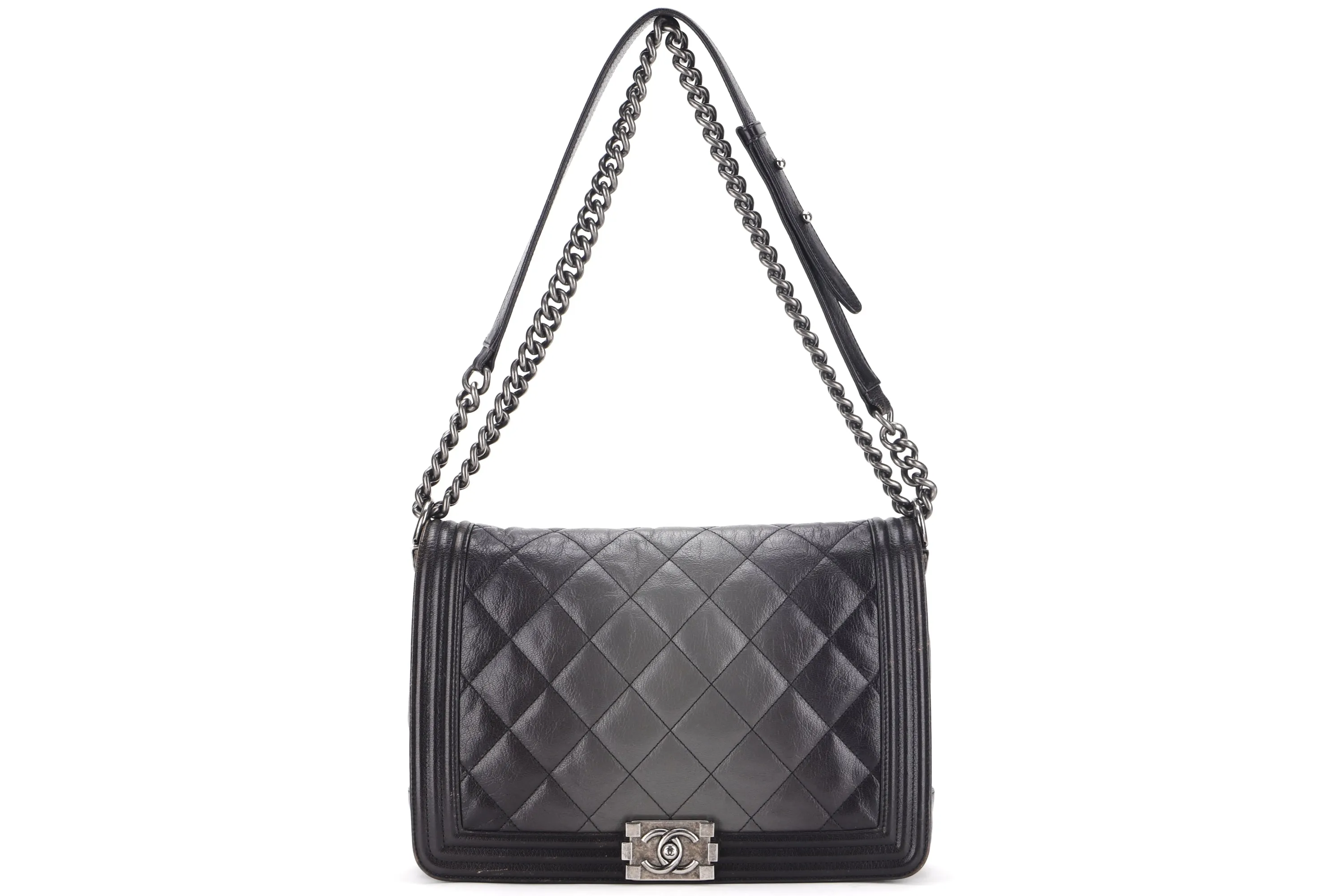 CHANEL LE BOY (1857xxxx) LARGE BLACK OMBRE GLAZED CALF LEATHER RUTHENIUM HARDWARE, WITH CARD, NO DUST COVER