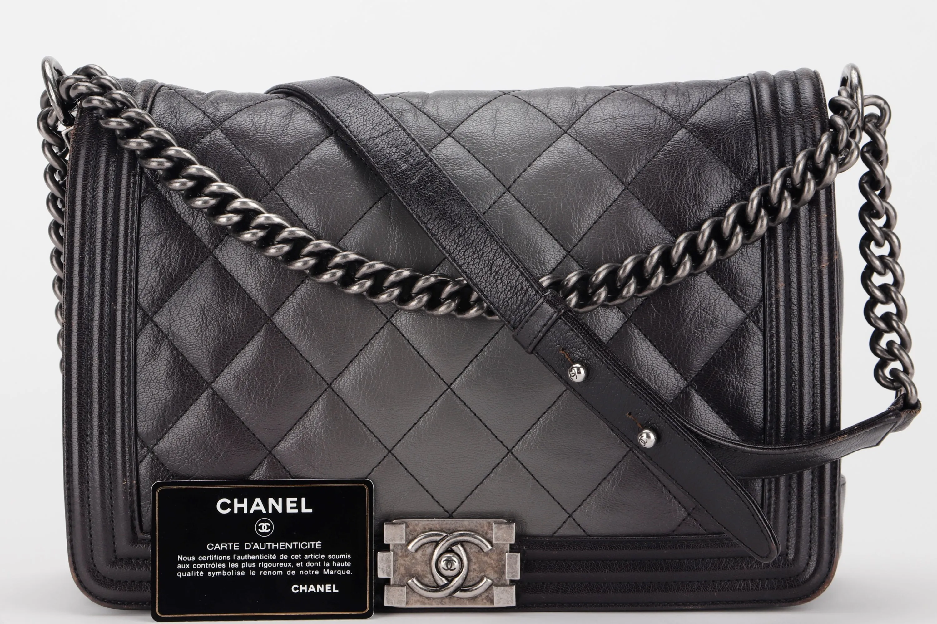 CHANEL LE BOY (1857xxxx) LARGE BLACK OMBRE GLAZED CALF LEATHER RUTHENIUM HARDWARE, WITH CARD, NO DUST COVER