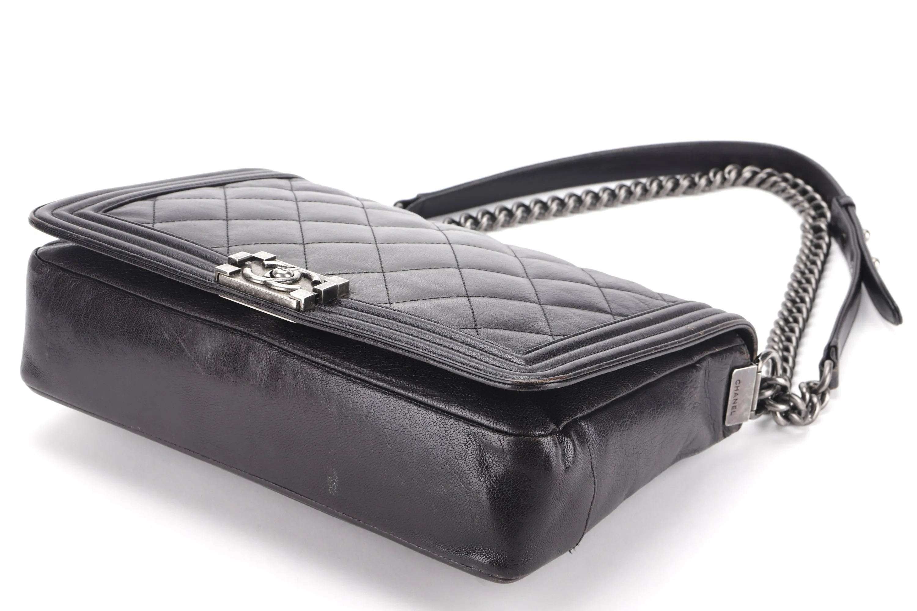 CHANEL LE BOY (1857xxxx) LARGE BLACK OMBRE GLAZED CALF LEATHER RUTHENIUM HARDWARE, WITH CARD, NO DUST COVER