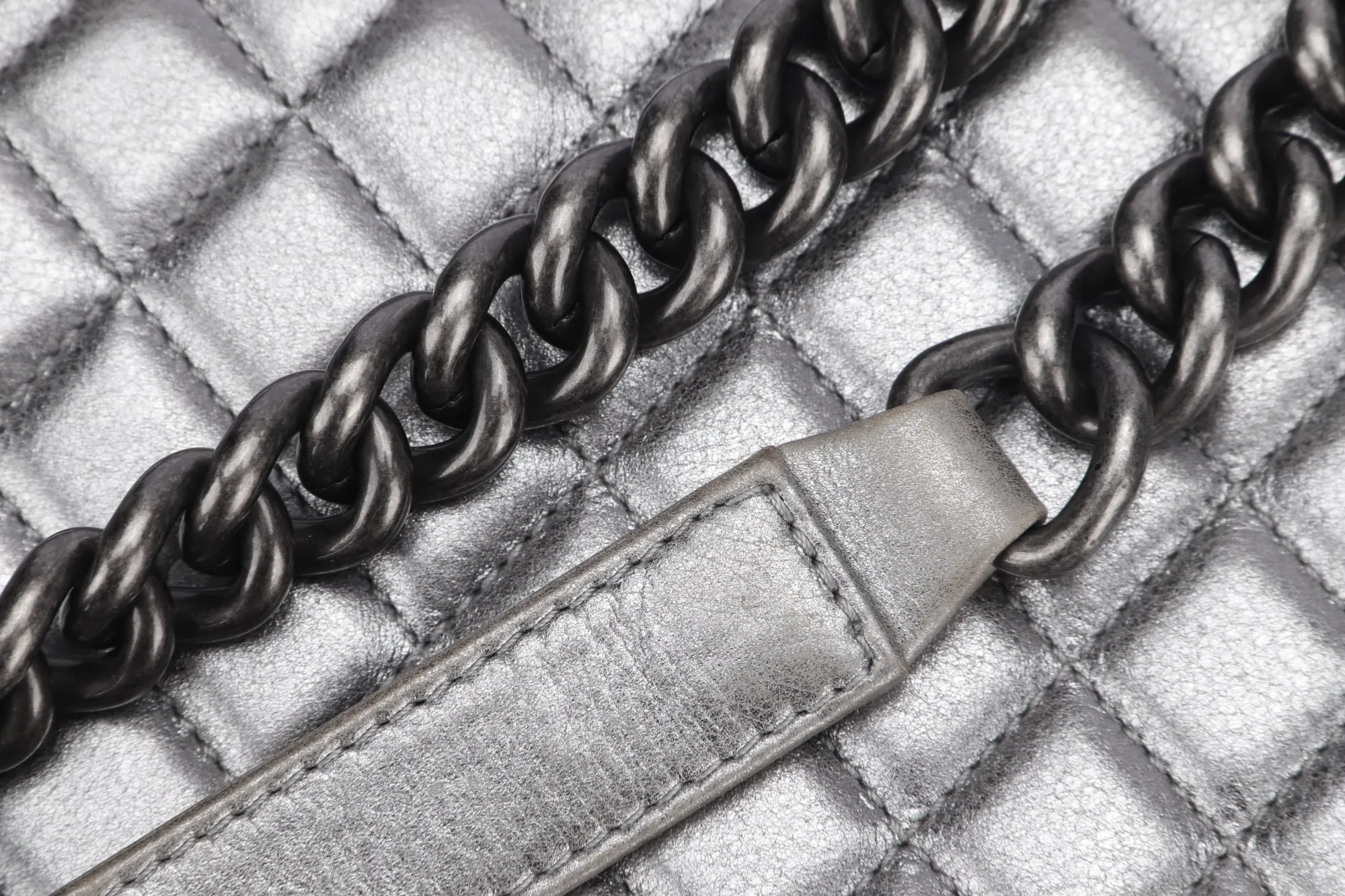 Chanel Le Boy 30cm (1973xxxx) Large Size, Metallic Silver Lambskin Ruthenium Chain, with Card, no Dust Cover