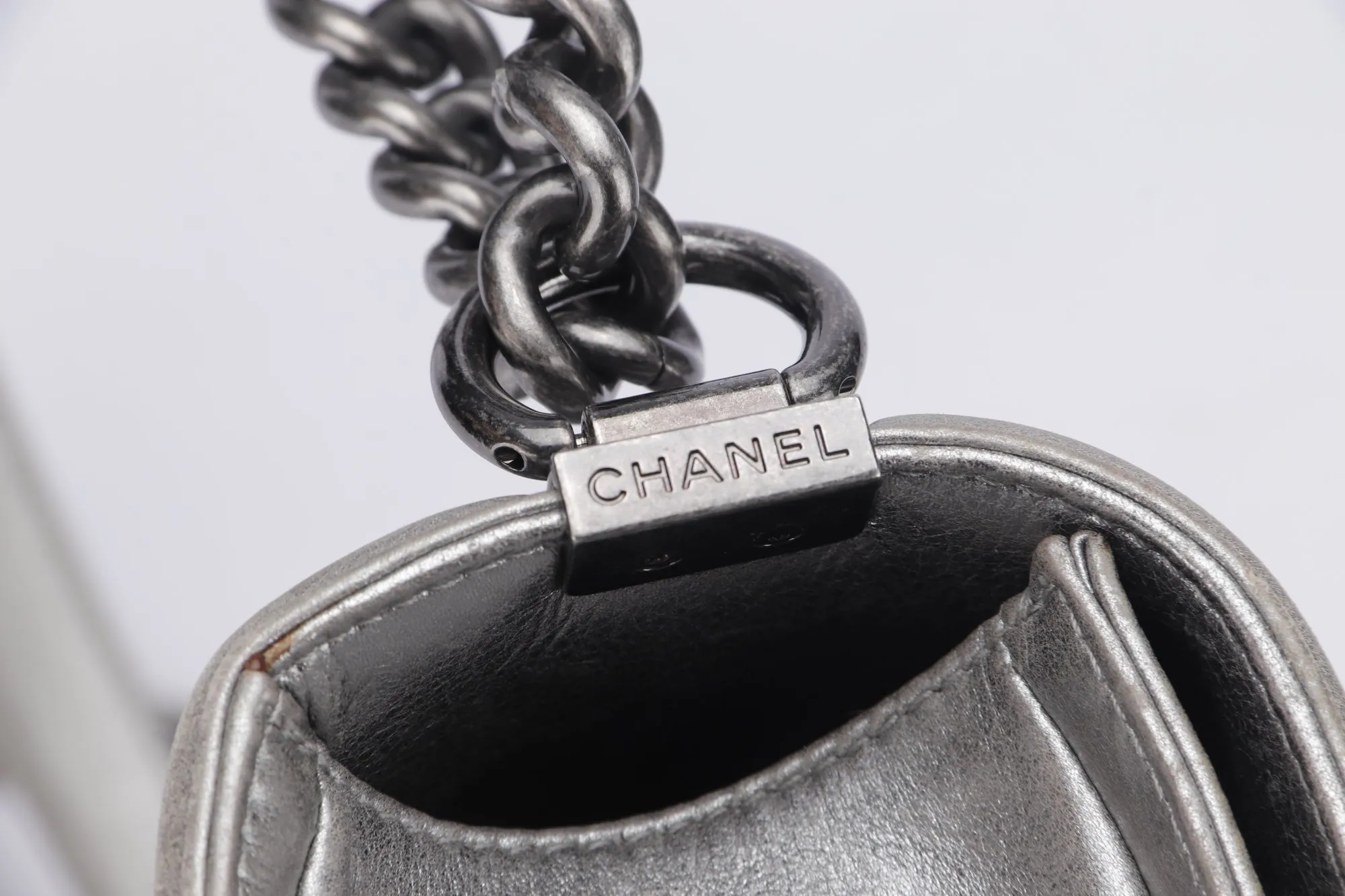 Chanel Le Boy 30cm (1973xxxx) Large Size, Metallic Silver Lambskin Ruthenium Chain, with Card, no Dust Cover