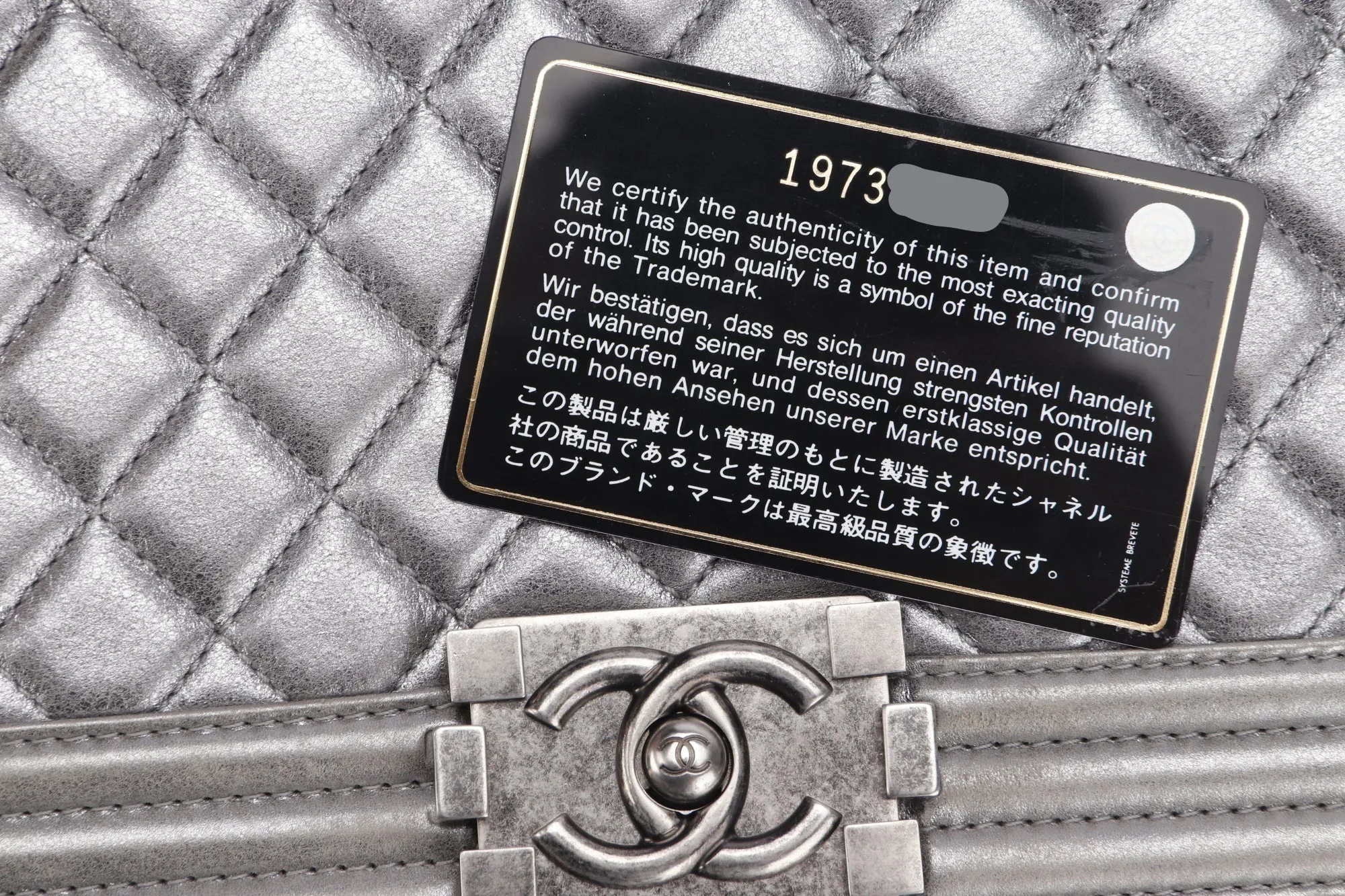 Chanel Le Boy 30cm (1973xxxx) Large Size, Metallic Silver Lambskin Ruthenium Chain, with Card, no Dust Cover