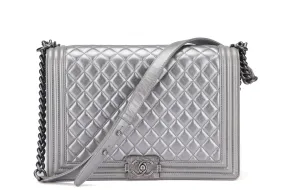 Chanel Le Boy 30cm (1973xxxx) Large Size, Metallic Silver Lambskin Ruthenium Chain, with Card, no Dust Cover