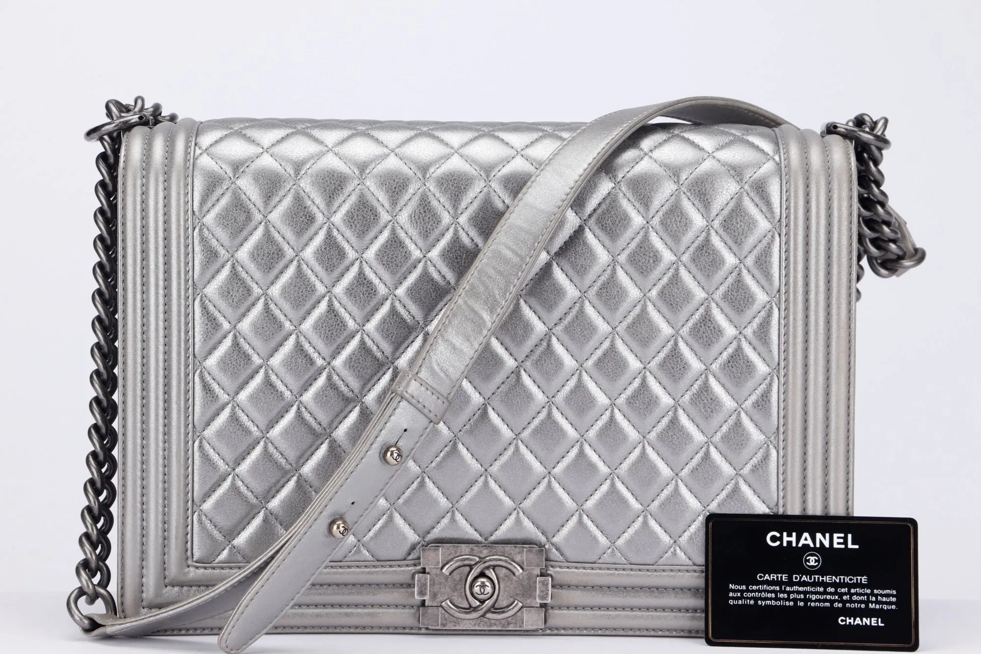 Chanel Le Boy 30cm (1973xxxx) Large Size, Metallic Silver Lambskin Ruthenium Chain, with Card, no Dust Cover