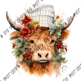 Christmas Highland Cow with Plaid Hat DTF Transfer