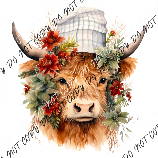 Christmas Highland Cow with Plaid Hat DTF Transfer