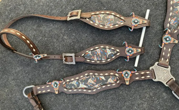 Cow Skull Inlay Headstall Set