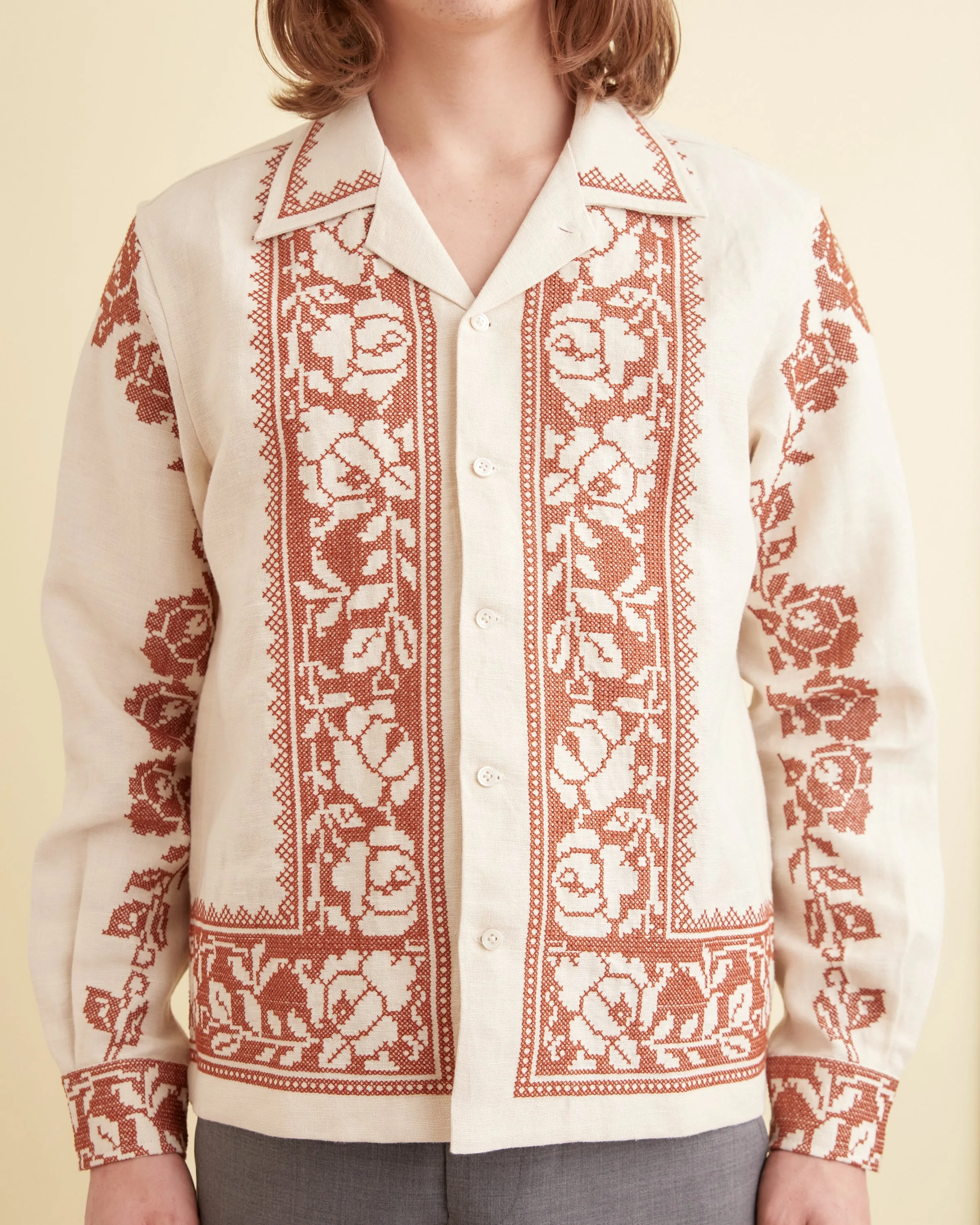 Cross-Stitched Rose Garland Long Sleeve Shirt