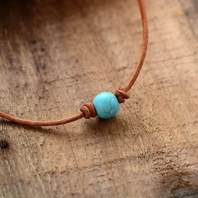 'Dhandaa' Leather Choker Necklace - Turquoise, Rose Quartz, Howlite