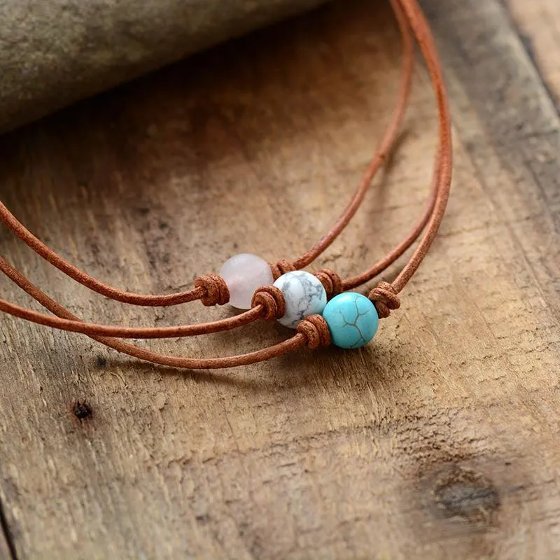 'Dhandaa' Leather Choker Necklace - Turquoise, Rose Quartz, Howlite