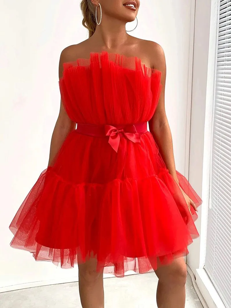 Elastic Fit Puffy Satin Bow Crinkle Ruffle Skater Flare Strapless Tulle Mini Dress