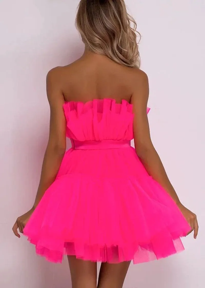 Elastic Fit Puffy Satin Bow Crinkle Ruffle Skater Flare Strapless Tulle Mini Dress