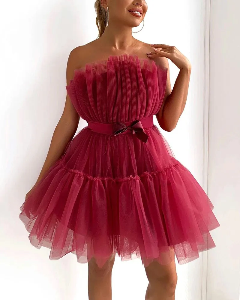 Elastic Fit Puffy Satin Bow Crinkle Ruffle Skater Flare Strapless Tulle Mini Dress