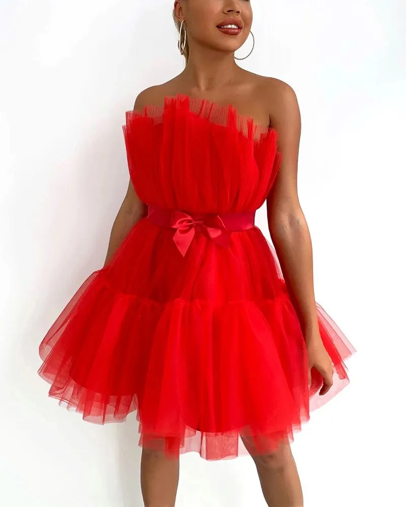 Elastic Fit Puffy Satin Bow Crinkle Ruffle Skater Flare Strapless Tulle Mini Dress