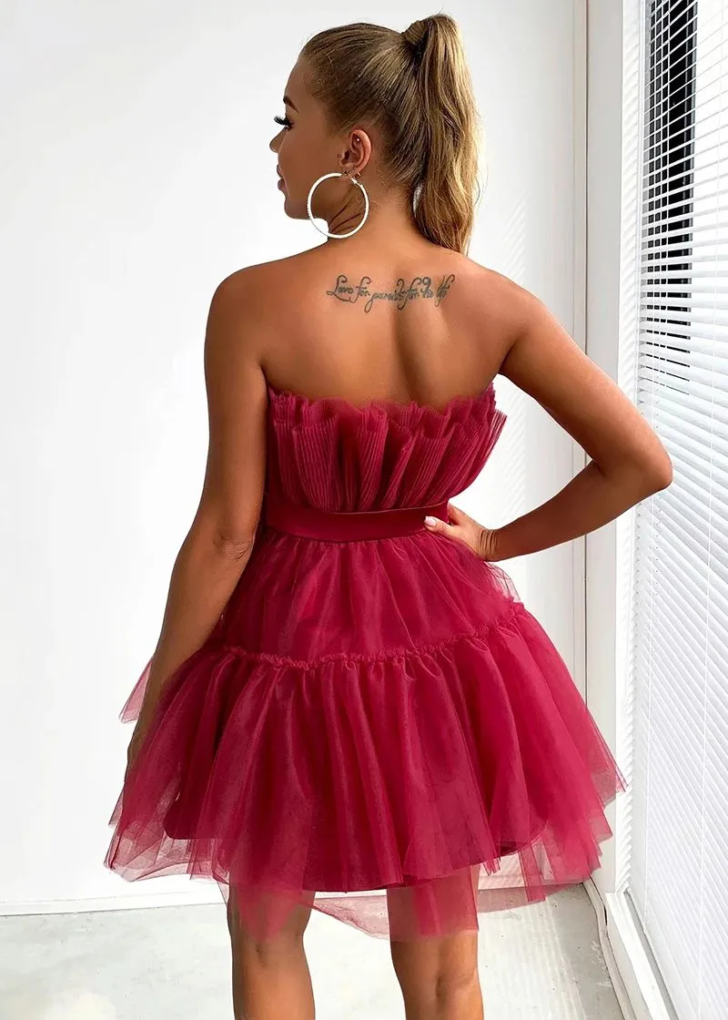 Elastic Fit Puffy Satin Bow Crinkle Ruffle Skater Flare Strapless Tulle Mini Dress