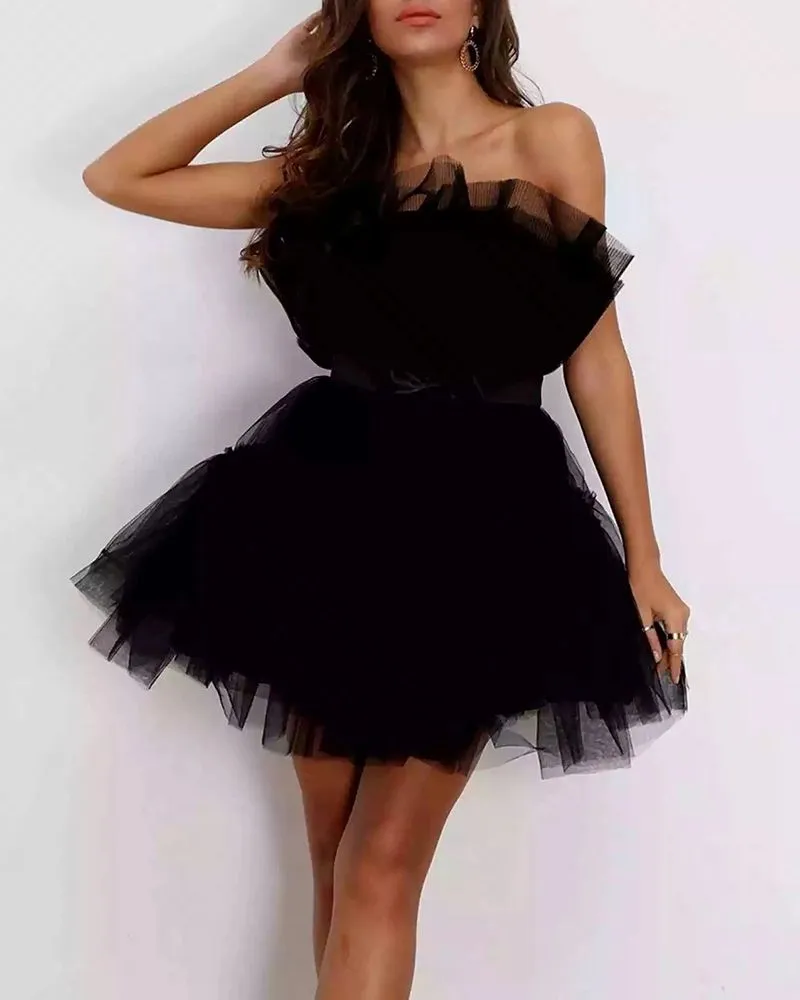 Elastic Fit Puffy Satin Bow Crinkle Ruffle Skater Flare Strapless Tulle Mini Dress