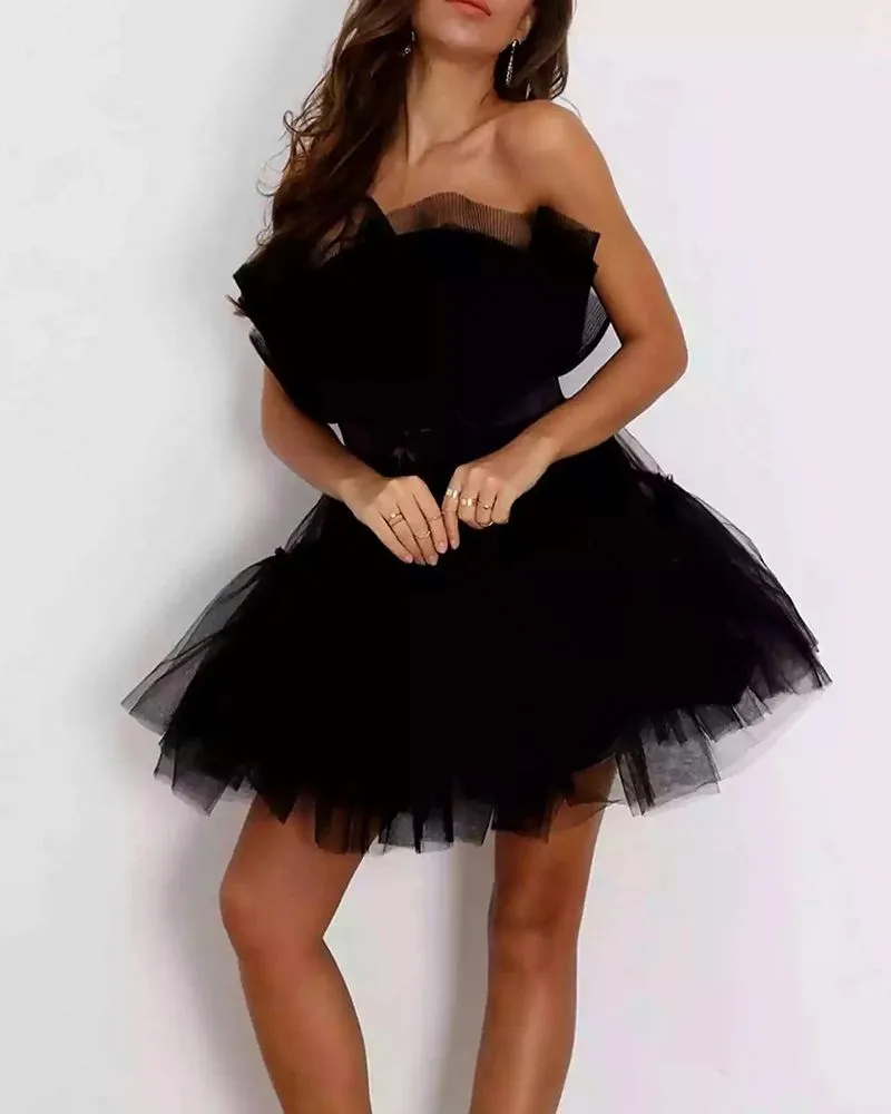 Elastic Fit Puffy Satin Bow Crinkle Ruffle Skater Flare Strapless Tulle Mini Dress