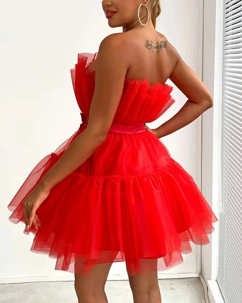 Elastic Fit Puffy Satin Bow Crinkle Ruffle Skater Flare Strapless Tulle Mini Dress