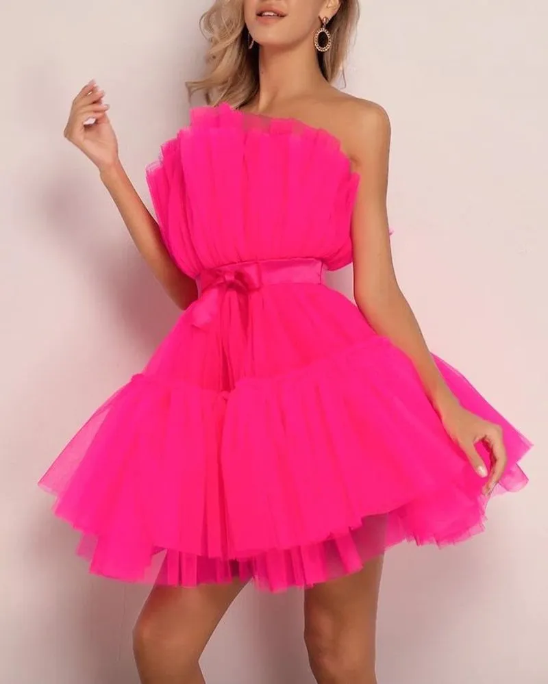 Elastic Fit Puffy Satin Bow Crinkle Ruffle Skater Flare Strapless Tulle Mini Dress