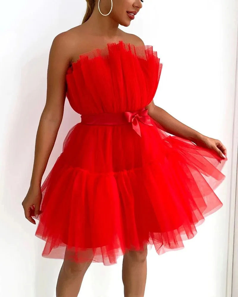 Elastic Fit Puffy Satin Bow Crinkle Ruffle Skater Flare Strapless Tulle Mini Dress