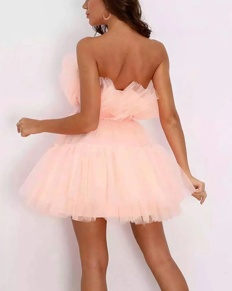 Elastic Fit Puffy Satin Bow Crinkle Ruffle Skater Flare Strapless Tulle Mini Dress