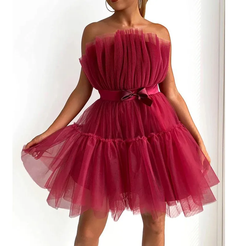 Elastic Fit Puffy Satin Bow Crinkle Ruffle Skater Flare Strapless Tulle Mini Dress