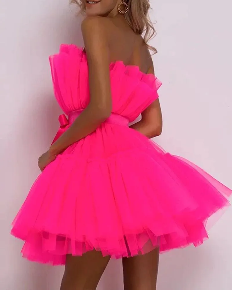 Elastic Fit Puffy Satin Bow Crinkle Ruffle Skater Flare Strapless Tulle Mini Dress