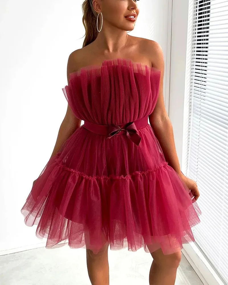 Elastic Fit Puffy Satin Bow Crinkle Ruffle Skater Flare Strapless Tulle Mini Dress