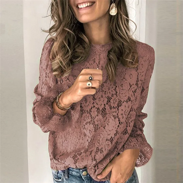 Elegant Lantern Sleeve Crochet Eyelet Mesh Lace Blouse Shirts