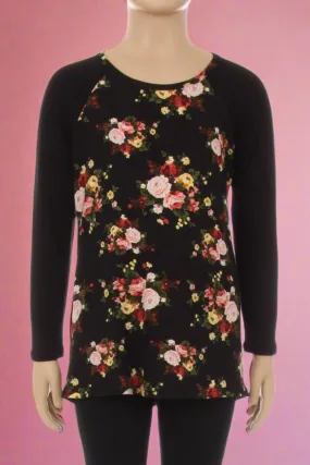 Girls Rose Floral Top, Long Sleeve Shirt, Sizes S/M/L/XL, Black/Pink