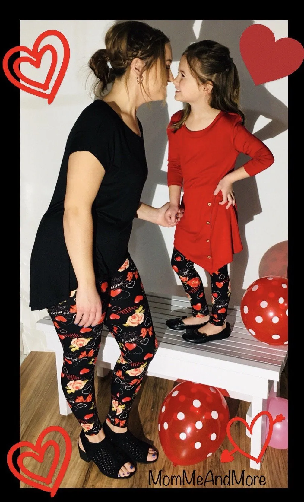 Girls Valentines Day Heart Leggings, Kids Yoga Pants, Sizes S/L, No-Roll Waist, Red