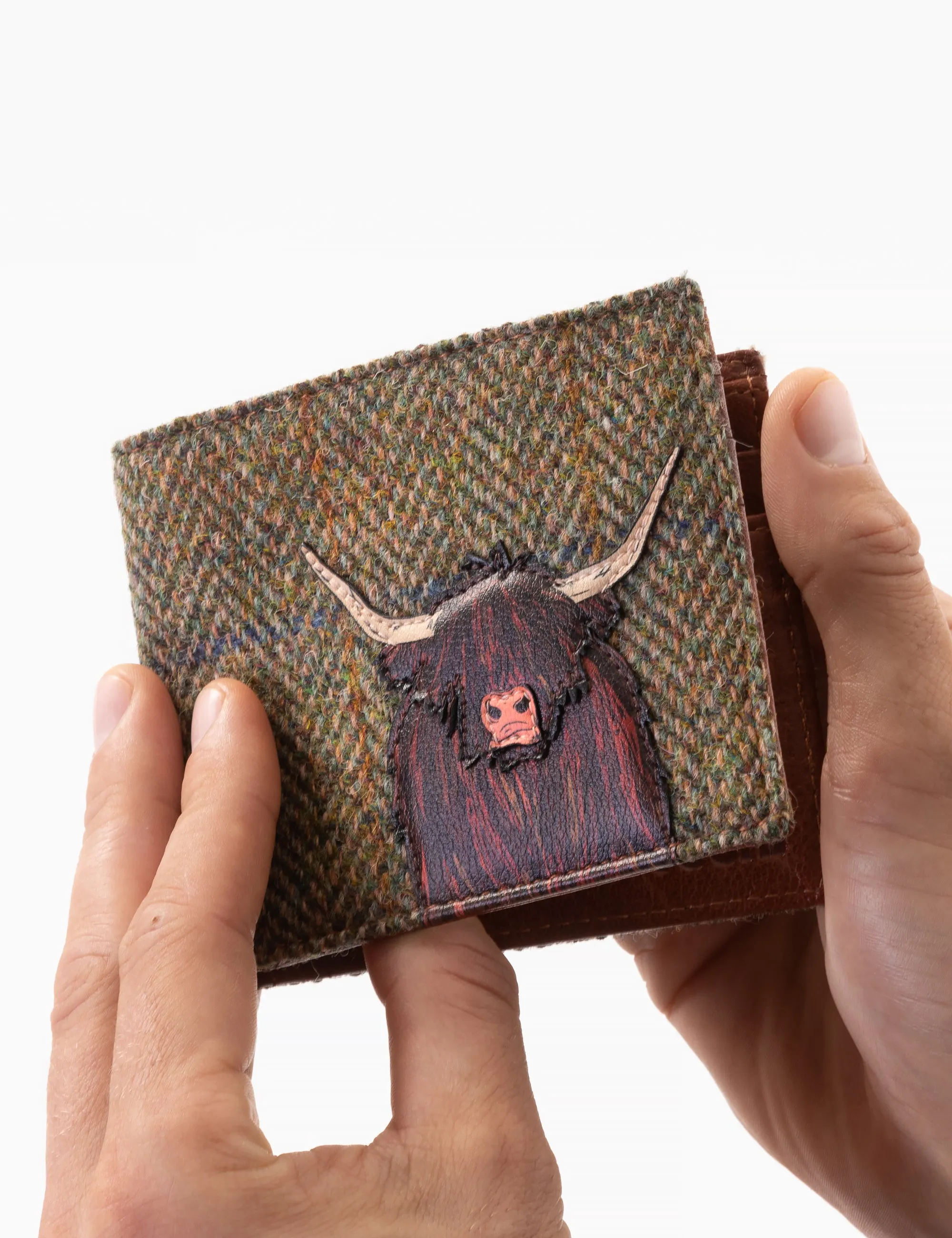 Highland Cow Harris Tweed & Brown Leather Wallet