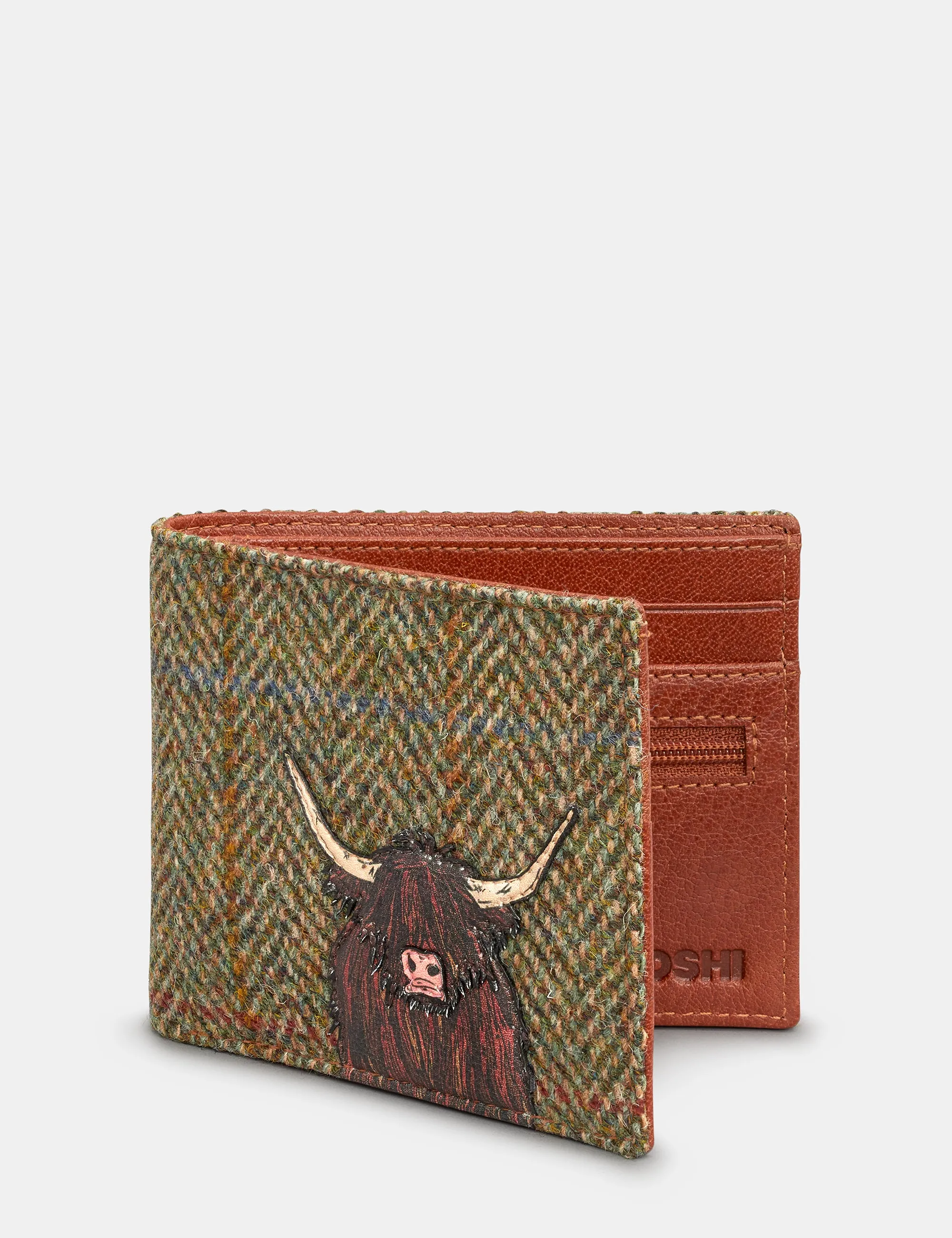 Highland Cow Harris Tweed & Brown Leather Wallet