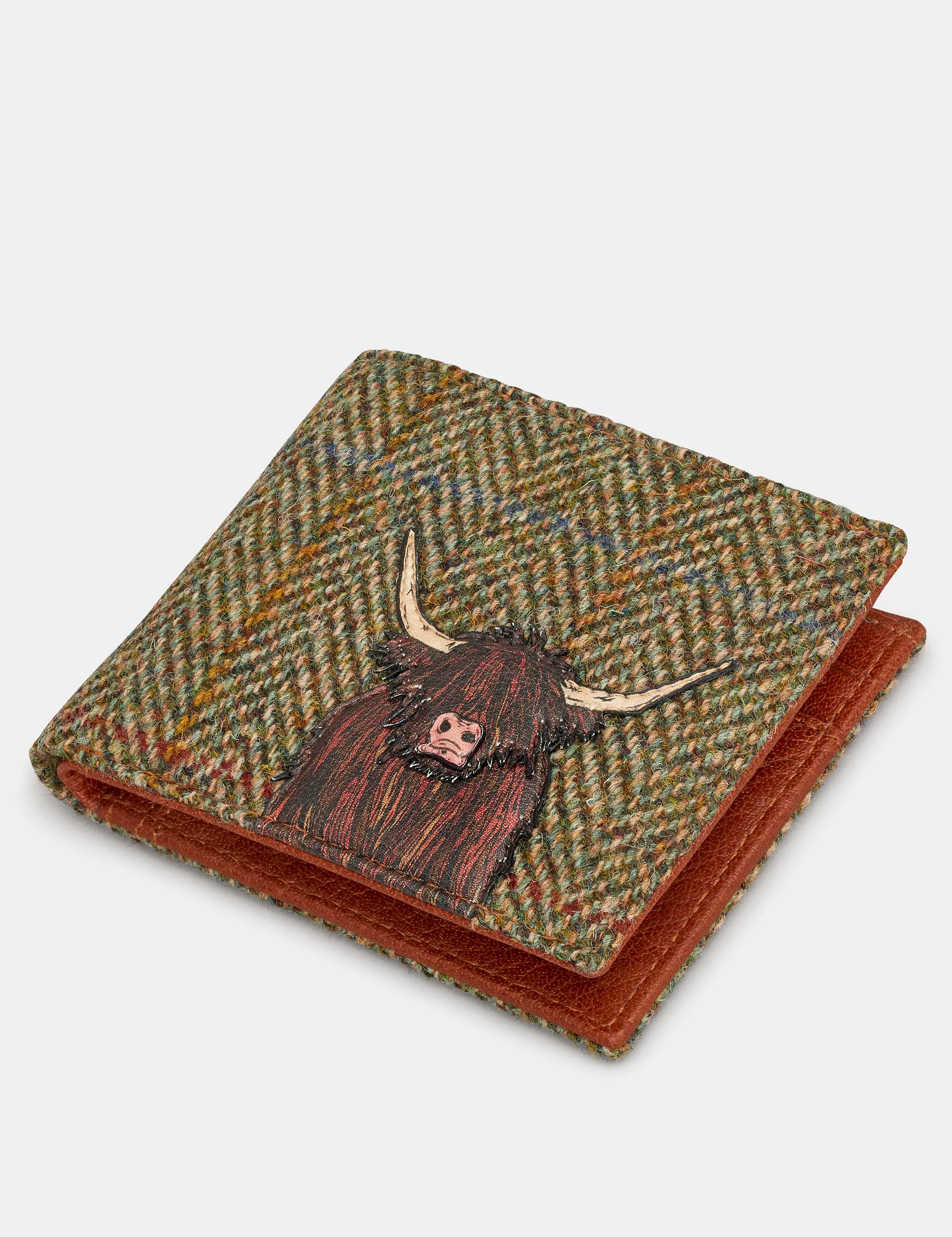 Highland Cow Harris Tweed & Brown Leather Wallet