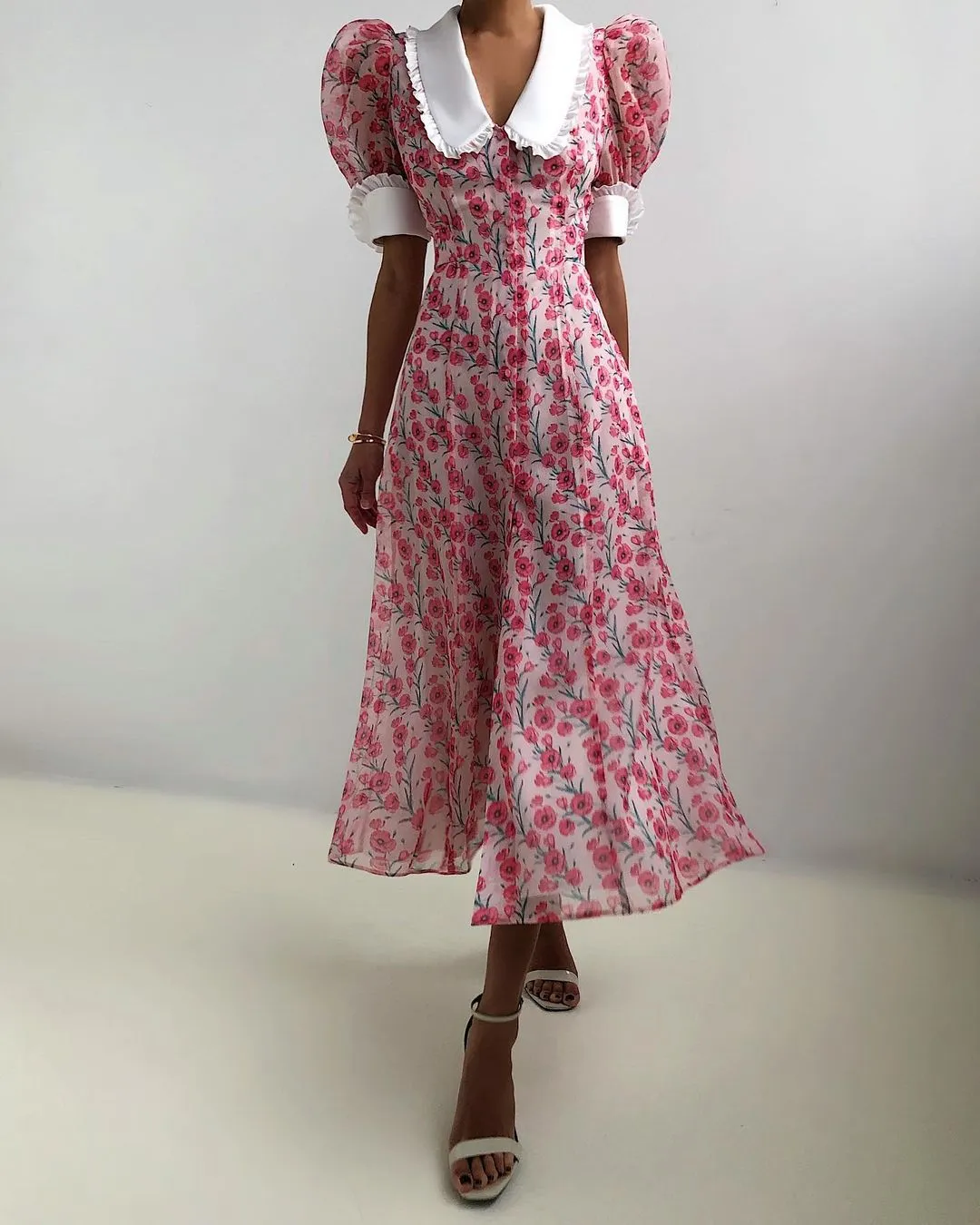 Lolita Retro Doll Collar Buttoned Floral Midi Dress Puff Sleeve