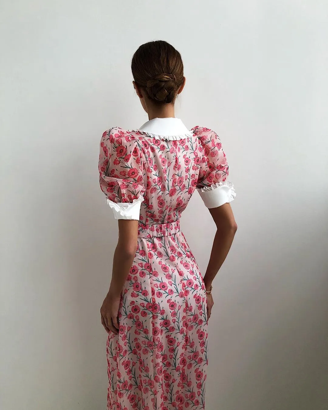 Lolita Retro Doll Collar Buttoned Floral Midi Dress Puff Sleeve