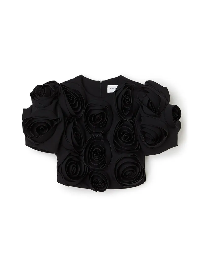 ROSE APPLIQUE BLACK CROPPED TOP