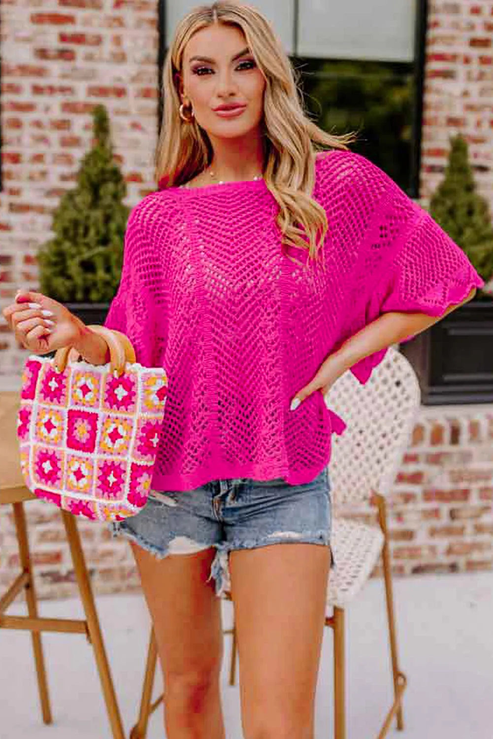 Rose Red Knit Scallop Edge Short Sleeve Knit Top