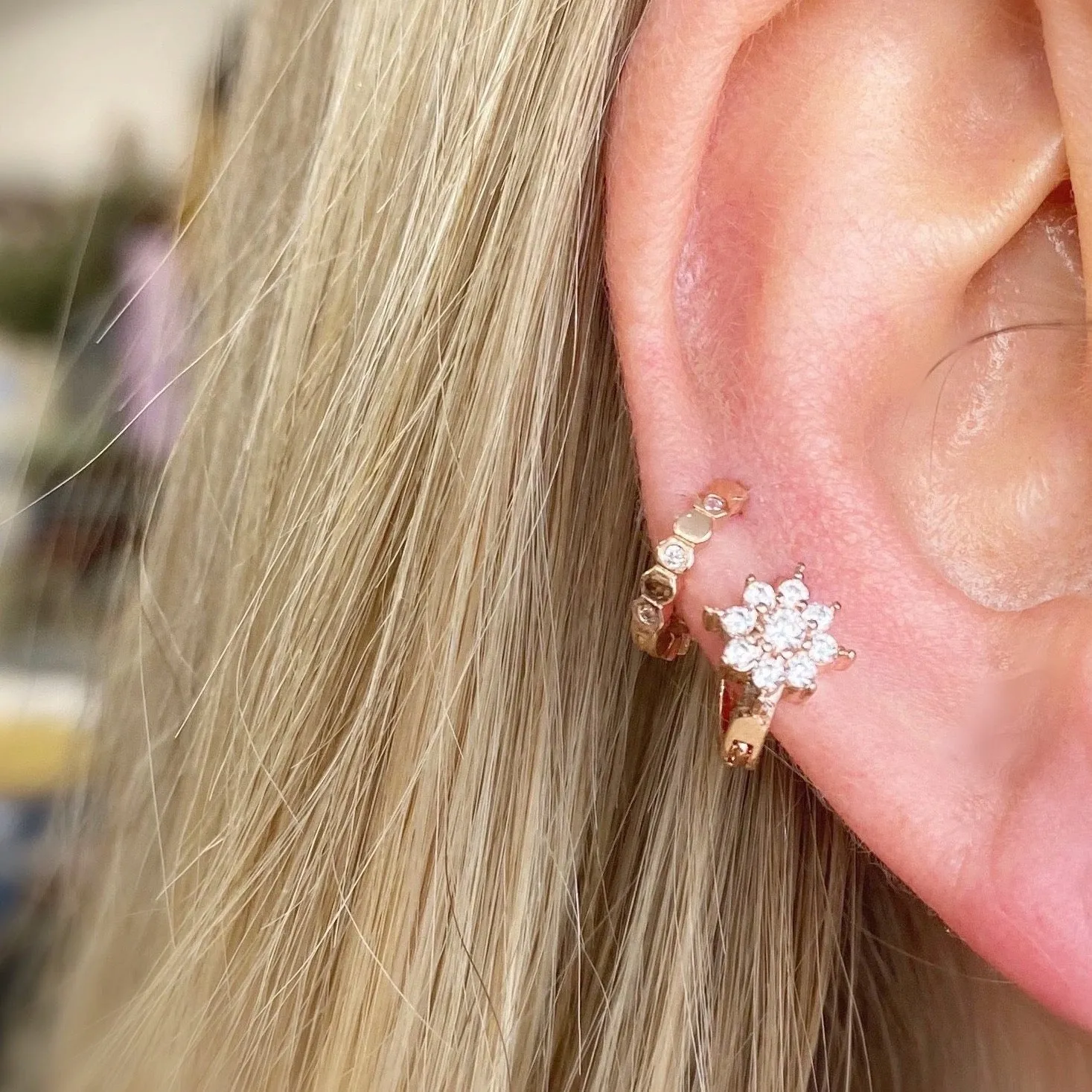 Tiny Daisy Crystal Rose Gold Huggie Earring