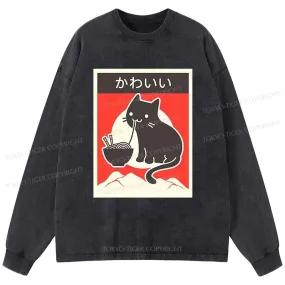 Tokyo-Tiger "Kawaii" Vintage Style Japenese Ramen Cat Washed Long Sleeve T-Shirt