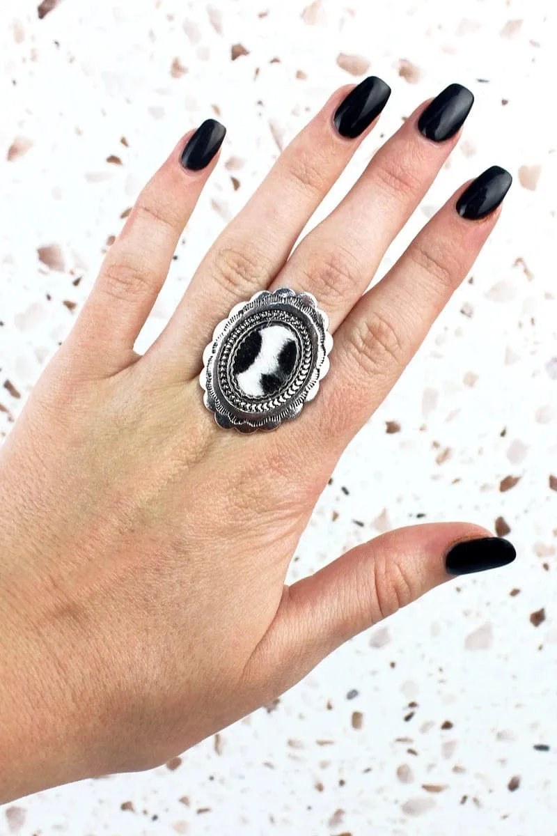 Western black white cowhide stretch ring